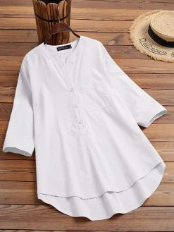 Solid Button Pocket High-Low Hem Casual Cotton Blouse -Zanzea Shop bb044c63 bfbd 4af4 b9f0 d95fb829850b