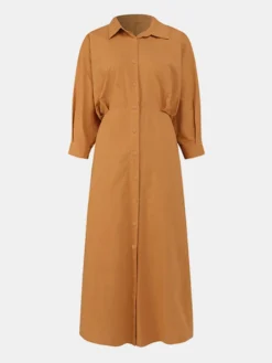 Solid Color Button Knotted Long Sleeve Casual Dress For Women
