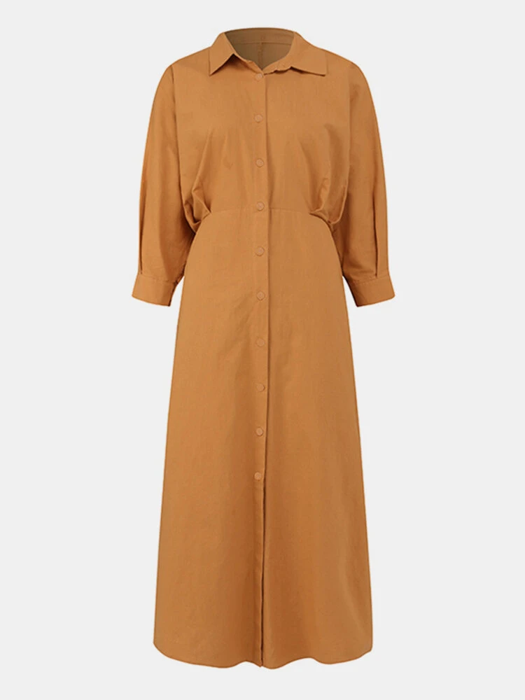 Solid Color Button Knotted Long Sleeve Casual Dress For Women 1 Solid Color Button Knotted Long Sleeve Casual Dress For Women