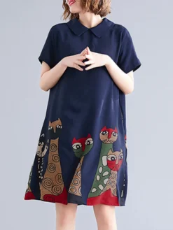 Cartoon Cat Print Short Sleeve Pocket Doll Collar Women Dress -Zanzea Shop bb48c0f9 10a2 4c0a 83ab 4748dd3b422f