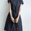 Solid Pocket Short Sleeve Crew Neck Dress With Belt