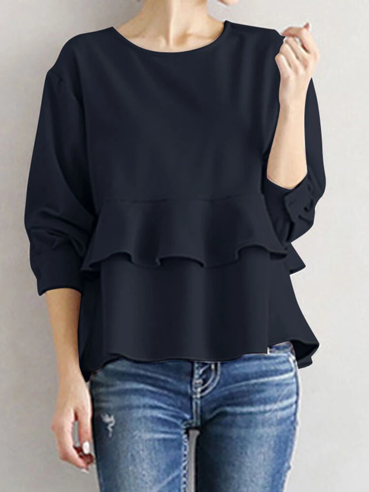 Ruffle Tiered Solid Long Sleeve Crew Neck Casual Blouse 9 Ruffle Tiered Solid Long Sleeve Crew Neck Casual Blouse - Image 9