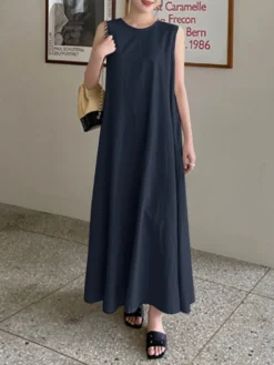Solid Sleeveless Pocket Swing Crew Neck Cotton Maxi Dress -Zanzea Shop bb9b35d9 5419 4587 8af7 e962c4aa938e