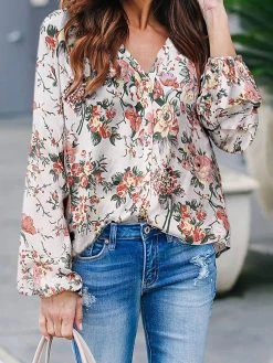Flower Print V Neck Long Sleeve Casual Blouse