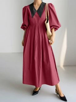 Contrast Collar Pleated Pocket Lantern Sleeve Maxi Dress 15 Contrast Collar Pleated Pocket Lantern Sleeve Maxi Dress -Zanzea Shop bbe4131f f801 481c b5d4 646445a7c280