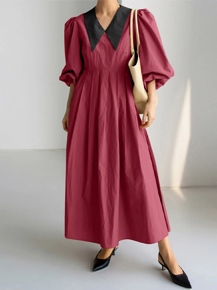 Contrast Collar Pleated Pocket Lantern Sleeve Maxi Dress 4 Contrast Collar Pleated Pocket Lantern Sleeve Maxi Dress - Image 4