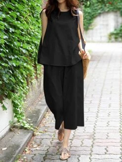 Women Solid Crew Neck Sleeveless Co-ords With Cropped Pants -Zanzea Shop bbff8318 0741 4a52 9541 e999558e2dc1