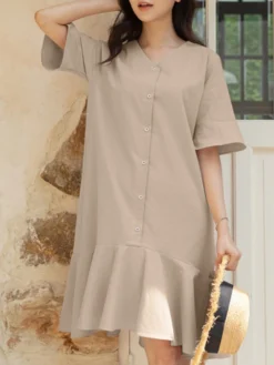 Women Solid Ruffle Sleeve V-neck Button Mermaid Dress -Zanzea Shop bc033d22 4fba 4a23 a68d 6e11494f5a5d