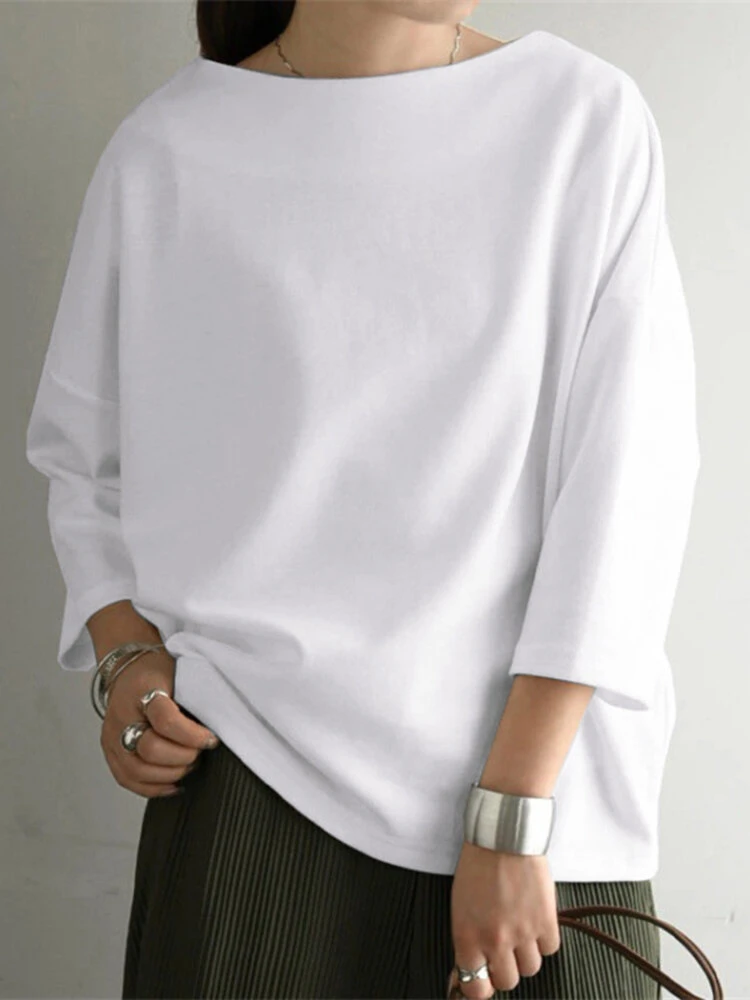 Solid Drop Shoulder 3/4 Sleeve Crew Neck Casual Loose T-shirt 1 Solid Drop Shoulder 3/4 Sleeve Crew Neck Casual Loose T-shirt