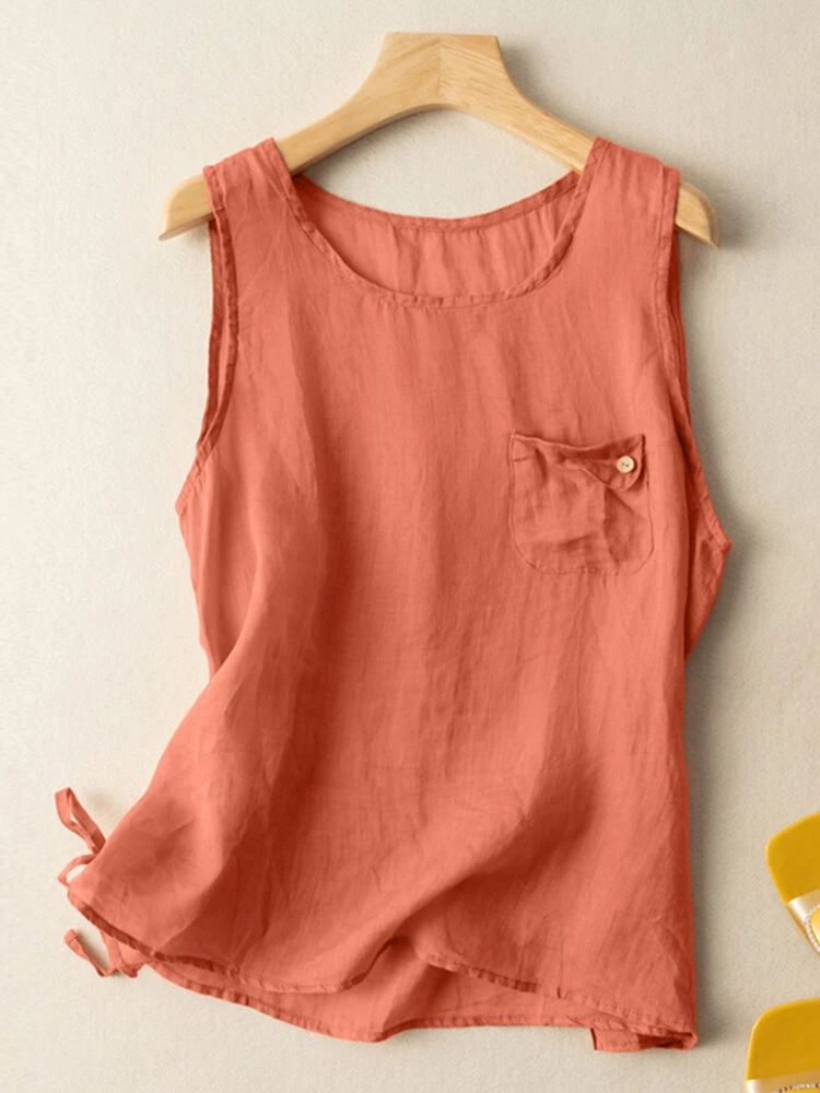 Solid Drawstring Slit Hem Sleeveless Crew Neck Tank Top 3 Solid Drawstring Slit Hem Sleeveless Crew Neck Tank Top - Image 3