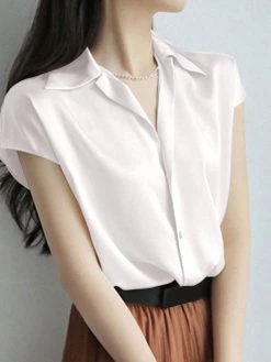 Solid Satin Button Lapel Short Sleeve Women Shirt