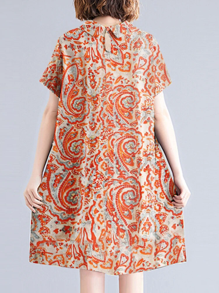 Women Allover Paisley Print Lapel Ethnic Short Sleeve Dress 3 Women Allover Paisley Print Lapel Ethnic Short Sleeve Dress - Image 3