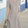 Women Solid Double Pocket Cotton Short Sleeve Shirt Dress