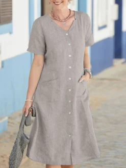 Women Solid Double Pocket Cotton Short Sleeve Shirt Dress