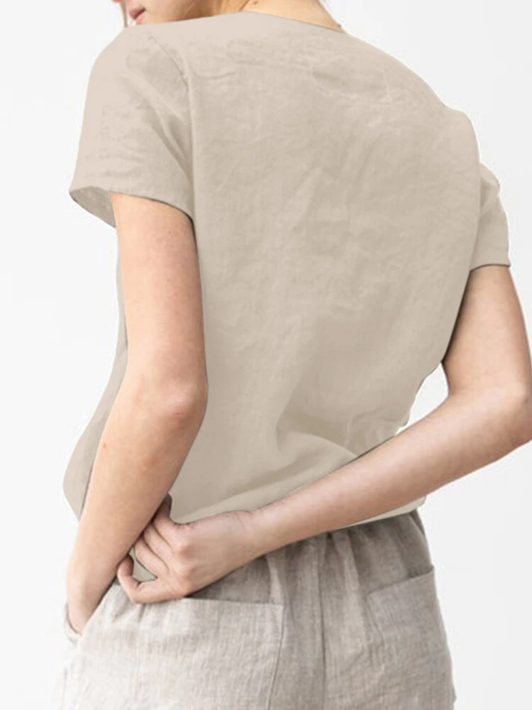 Solid V-neck Short Sleeve Casual Cotton T-shirt 2 Solid V-neck Short Sleeve Casual Cotton T-shirt - Image 2