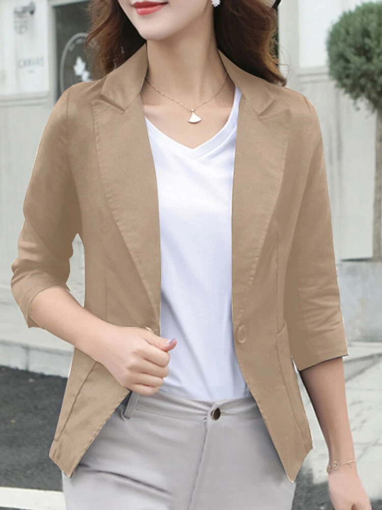 Solid Lapel Pocket Button Front 3/4 Sleeve Blazer 3 Solid Lapel Pocket Button Front 3/4 Sleeve Blazer - Image 3