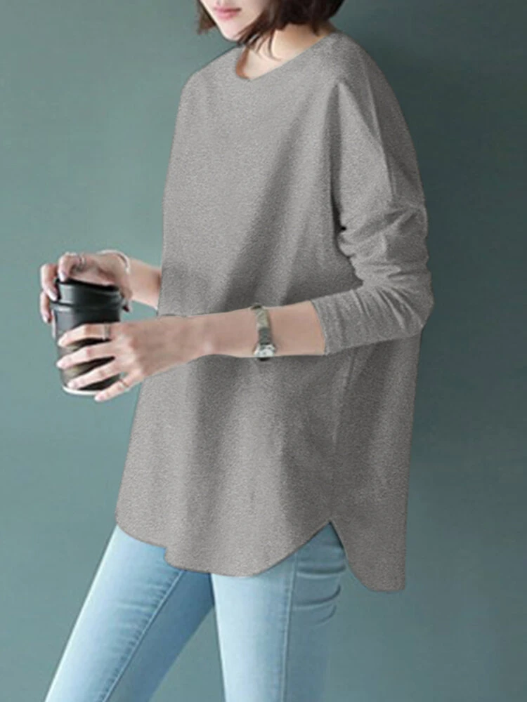 Solid Curved Hem Loose Long Sleeve Crew Neck T-shirt 9 Solid Curved Hem Loose Long Sleeve Crew Neck T-shirt - Image 9