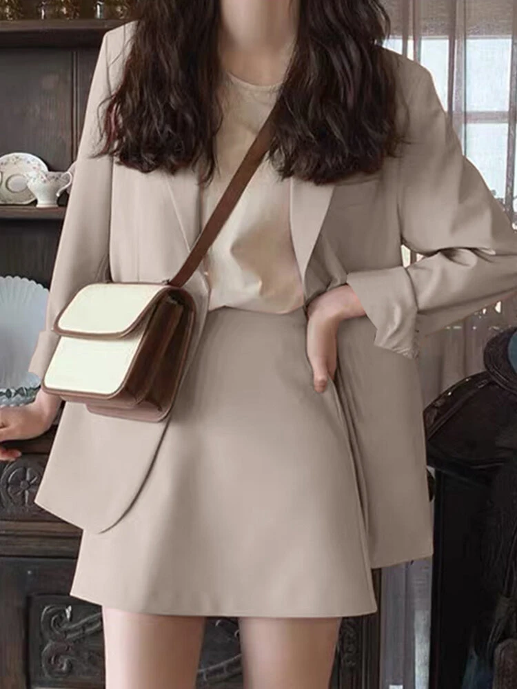 Solid Long Sleeve Lapel Blazer A-line Skirt Two Pieces Suit 1 Solid Long Sleeve Lapel Blazer A-line Skirt Two Pieces Suit