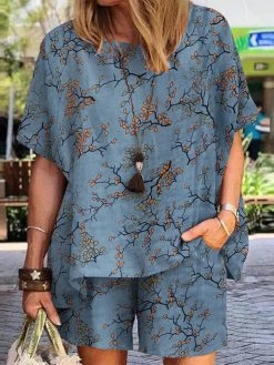 Allover Plants Print Pocket Short Sleeve Two Pieces Suit