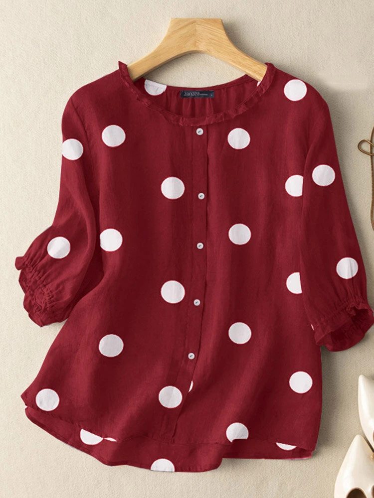 Women Dot Print 3/4 Sleeve Crew Neck Casual Blouse 7 Women Dot Print 3/4 Sleeve Crew Neck Casual Blouse - Image 7