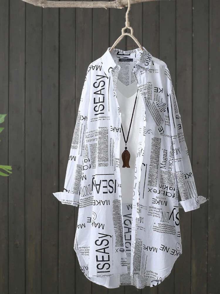 Letters Print Pocket Button Long Sleeve Lapel Loose Blouse 1 Letters Print Pocket Button Long Sleeve Lapel Loose Blouse