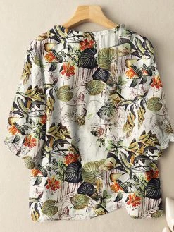 Allover Plants Print Button Front 3/4 Sleeve Crew Neck Blouse -Zanzea Shop bd723a6b 60fc 488b 8d38 dca54a289dc4