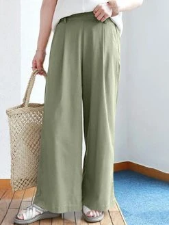 Solid Elastic Waist Back Pocket Wide Leg Casual Pants