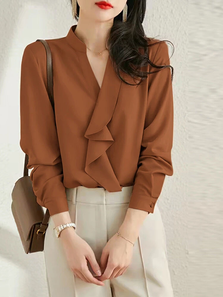 Solid Ruffle Stand Collar Long Sleeve Blouse For Women 9 Solid Ruffle Stand Collar Long Sleeve Blouse For Women - Image 9