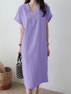 Solid V-neck Short Sleeve Dress For Women