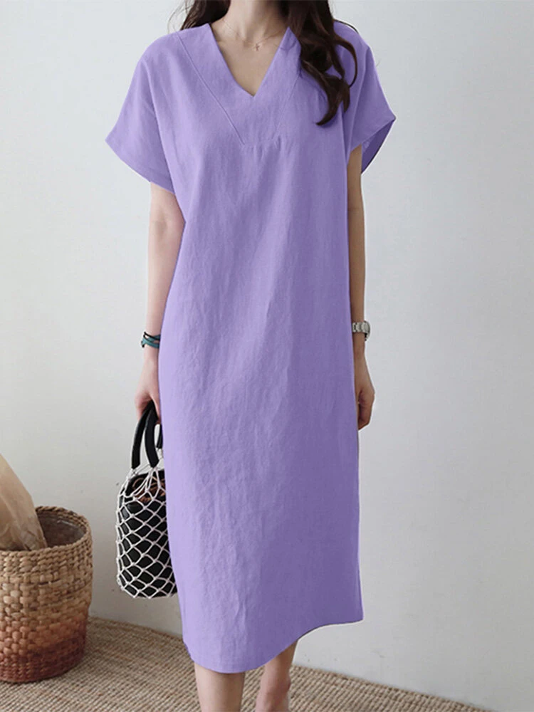 Solid V-neck Short Sleeve Dress For Women 1 Solid V-neck Short Sleeve Dress For Women