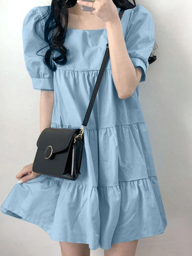 Puff Sleeve Square Collar A-line Solid Casual Dress 2 Puff Sleeve Square Collar A-line Solid Casual Dress - Image 2