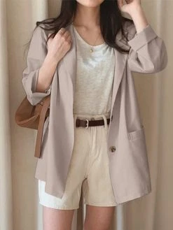 Solid Lapel Long Sleeve Button Front Women Blazer