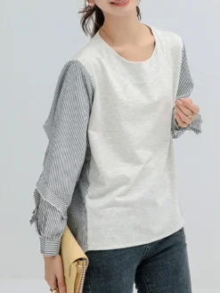 Stripe Patchwork High-low Long Sleeve Crew Neck Blouse -Zanzea Shop bdcd3de4 6892 499e 87c2 5926b4f9c2b7