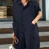Solid Loose Pocket Button Lapel Short Sleeve Romper