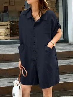 Solid Loose Pocket Button Lapel Short Sleeve Romper