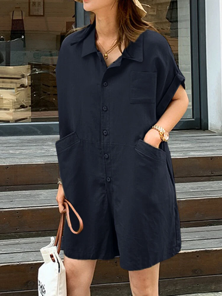 Solid Loose Pocket Button Lapel Short Sleeve Romper 1 Solid Loose Pocket Button Lapel Short Sleeve Romper
