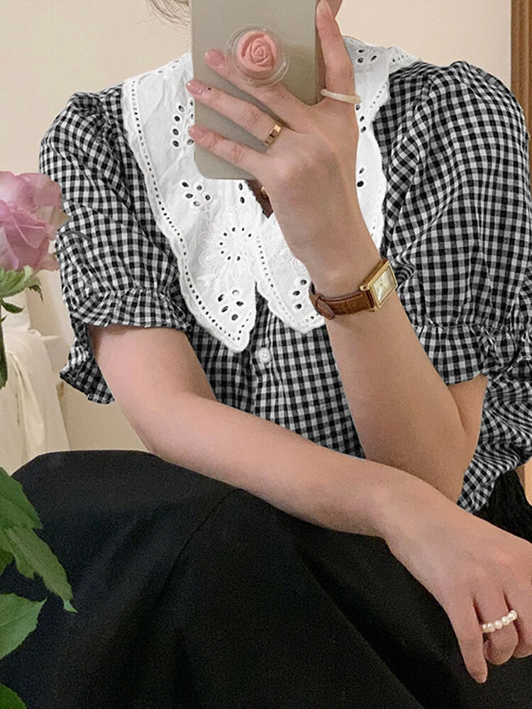 Check Contrast Collar Puff Sleeve Button Front Blouse 12 Check Contrast Collar Puff Sleeve Button Front Blouse - Image 12