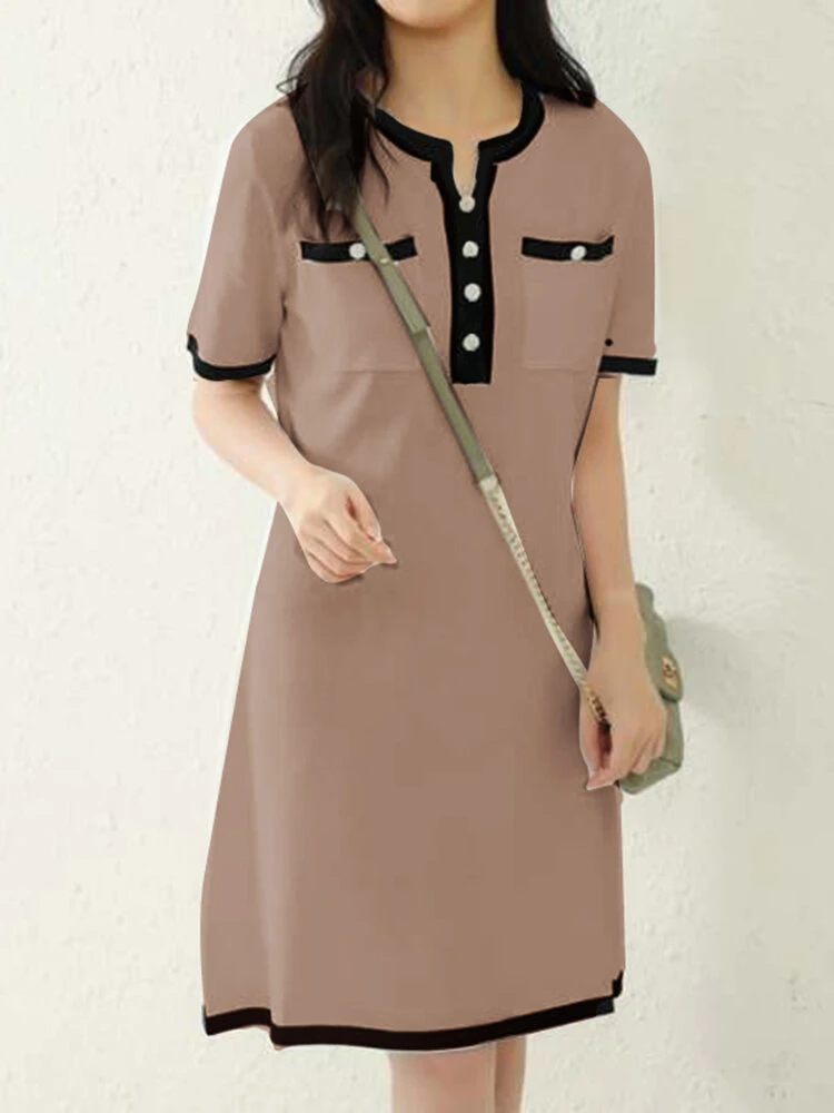 Contrast Pocket Short Sleeve Notch Neck Casual Dress 11 Contrast Pocket Short Sleeve Notch Neck Casual Dress - Image 11