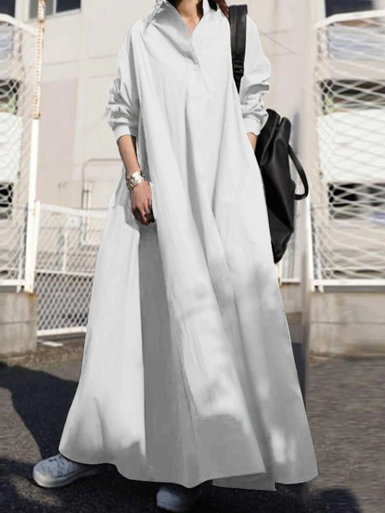 Women Solid Color Lapel Collar Long Sleeve Casual Dress 3 Women Solid Color Lapel Collar Long Sleeve Casual Dress - Image 3