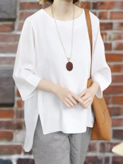 Leisure Solid Slit Hem Round Neck Casual Blouse -Zanzea Shop bdfbb0f4 d1cc 4130 8184 71f32382272c