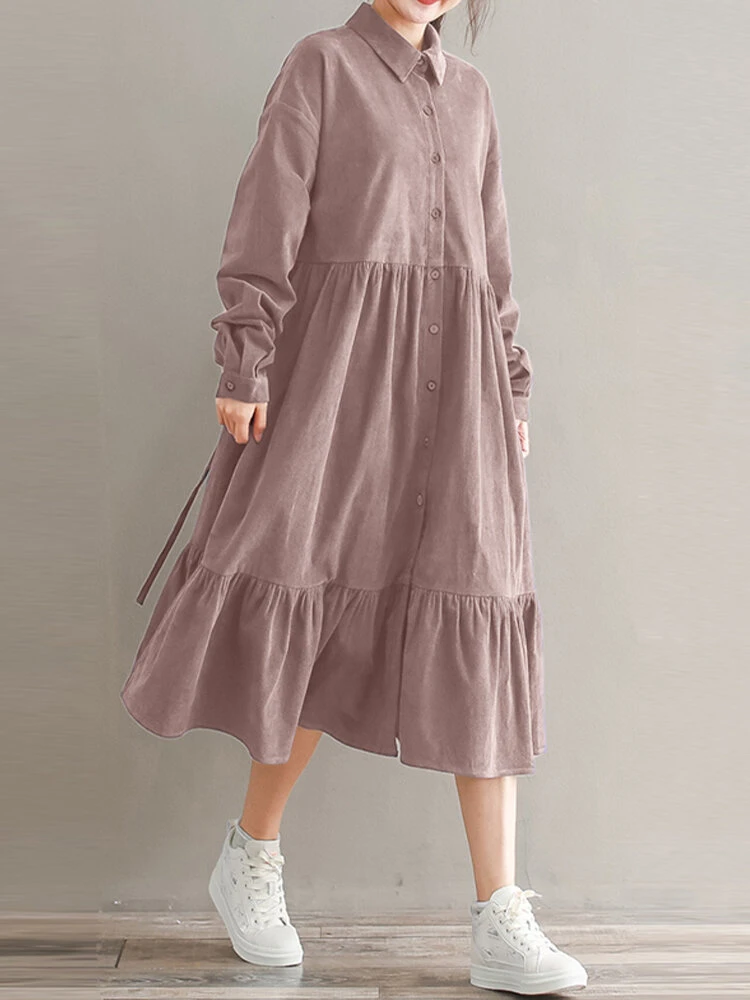 Solid Color Corduroy Patchwork Button Loose Casual Dress 2 Solid Color Corduroy Patchwork Button Loose Casual Dress - Image 2
