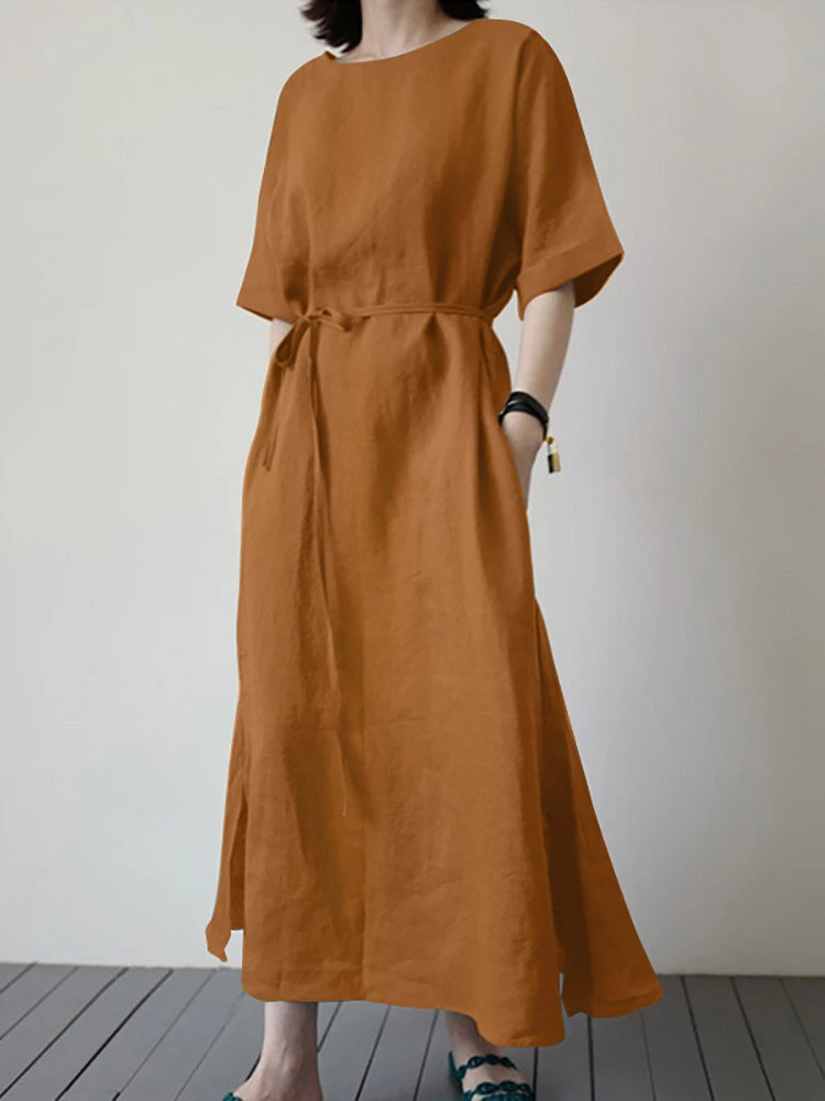 Solid Slit Pocket Half Sleeve Loose Dress With Belt 7 Solid Slit Pocket Half Sleeve Loose Dress With Belt - Image 7