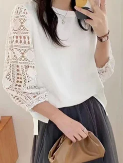 Lace Hollow Panel Lantern Sleeve Crew Neck Blouse