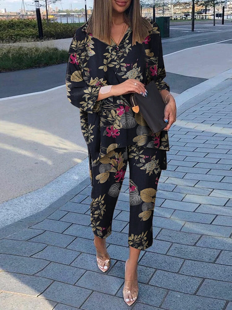 Plants Print High-low Hem 3/4 Sleeve Lapel Two Pieces Suit 2 Plants Print High-low Hem 3/4 Sleeve Lapel Two Pieces Suit - Image 2
