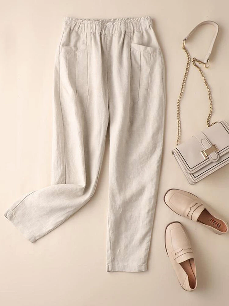 Solid Pocket Elastic Waist Casual Cotton Pants 4 Solid Pocket Elastic Waist Casual Cotton Pants - Image 4