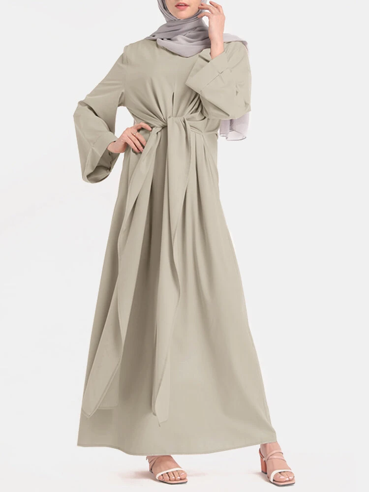 Solid Color Knotted Long Sleeve Maxi Muslim Dress 3 Solid Color Knotted Long Sleeve Maxi Muslim Dress - Image 3