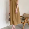 Solid O-neck Pleated Sleeveless Pocket Women Casual Dress