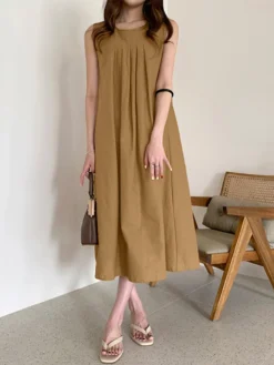 Solid O-neck Pleated Sleeveless Pocket Women Casual Dress