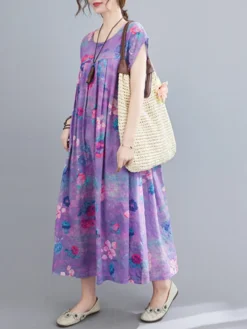 Allover Random Flower Print Short Sleeve Loose Dress -Zanzea Shop bedfcf80 eaa7 4b82 932a 4f3320d013bf