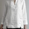 Women Solid Stand Collar Button Design Hem Cotton Blouse